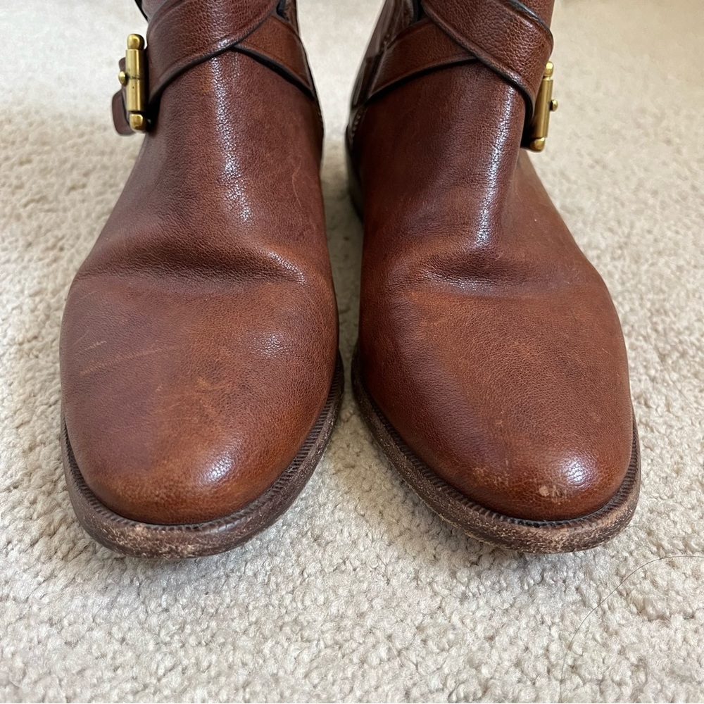 Coach Leoda Dark Ginger Distressed Brown Leather Bootie Ankle Boots Buckle 5.5 - Picture 11 of 14